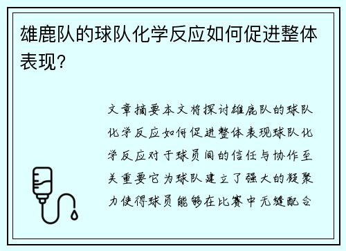 雄鹿队的球队化学反应如何促进整体表现？