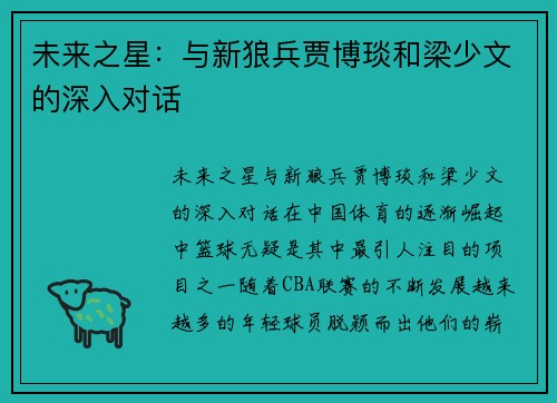 未来之星：与新狼兵贾博琰和梁少文的深入对话