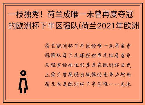 一枝独秀！荷兰成唯一未曾再度夺冠的欧洲杯下半区强队(荷兰2021年欧洲杯)