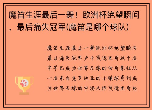 魔笛生涯最后一舞！欧洲杯绝望瞬间，最后痛失冠军(魔笛是哪个球队)